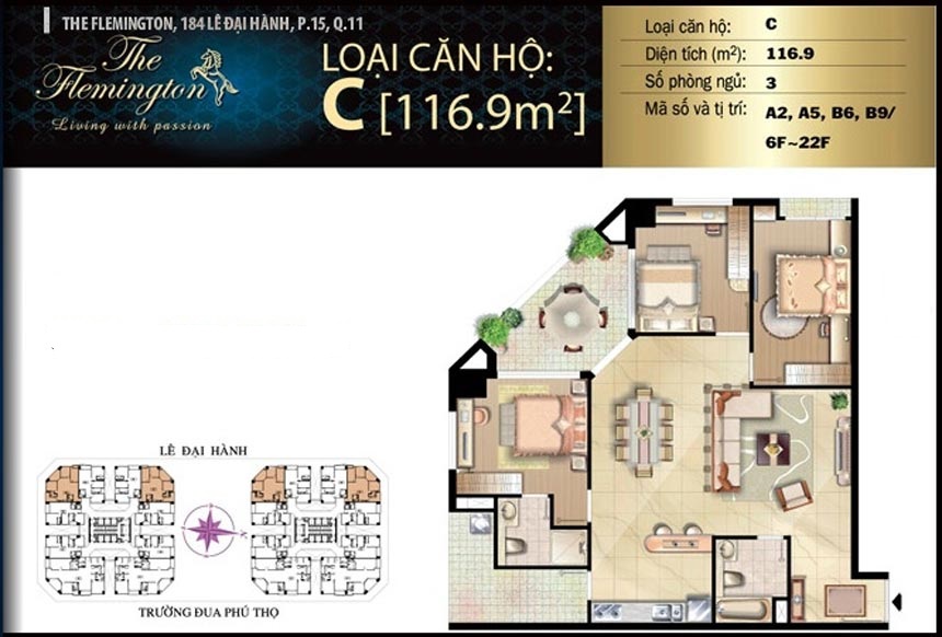Cần cho thuê căn hộ The Flemington, Q 11, DT 117m2, 3pn, full nt mới, 24 triệu/tháng, 0903 833 ***