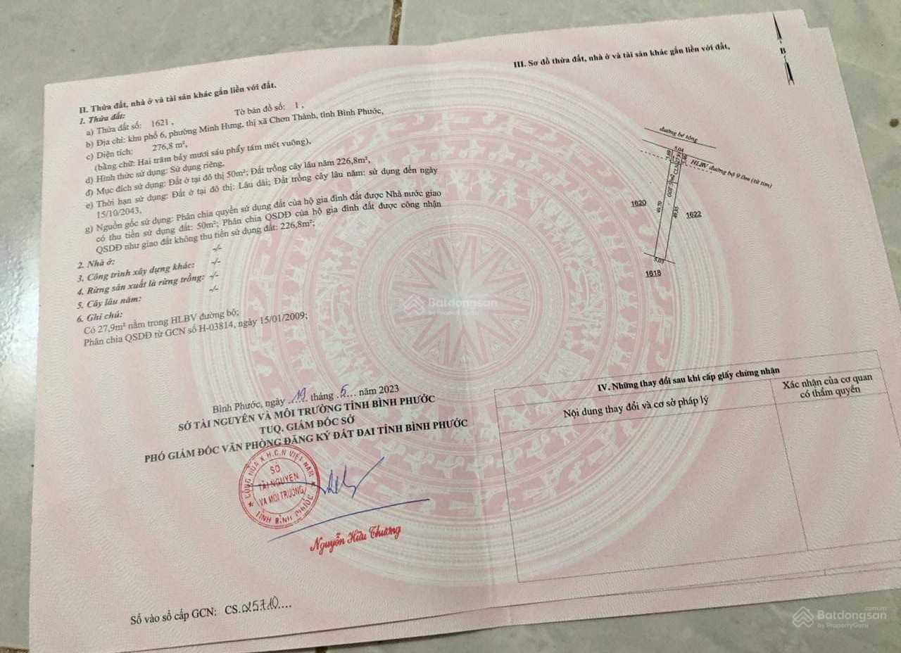 1 lô duy nhất - KP 6 - phường Minh Hưng thị xã Chơn Thành - Bình Phước - giá cực rẻ 0906 625 ***