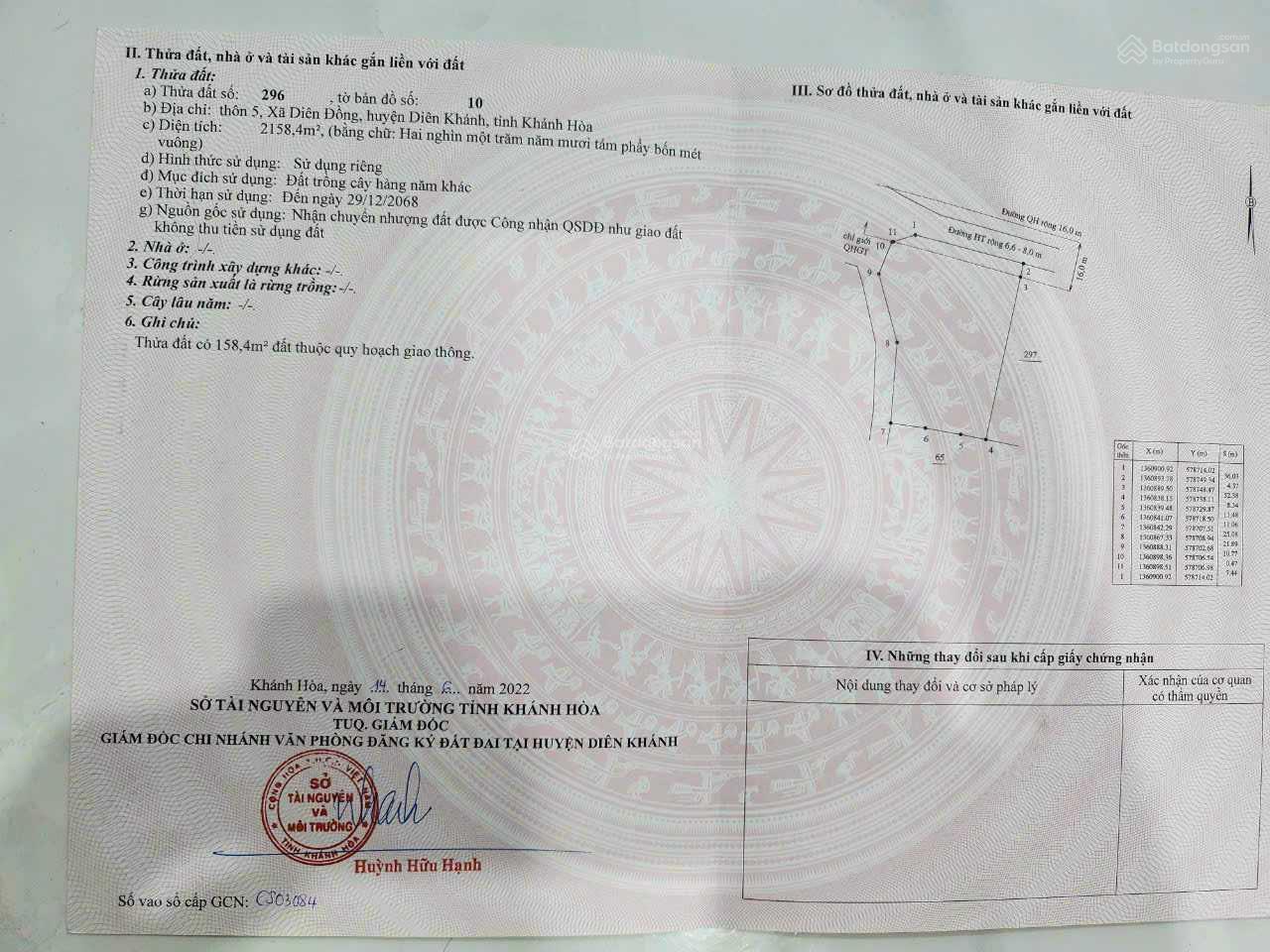 Bán đất Thôn 5, xã Diên Đồng, Huyện Diên Khánh, tỉnh khánh hòa