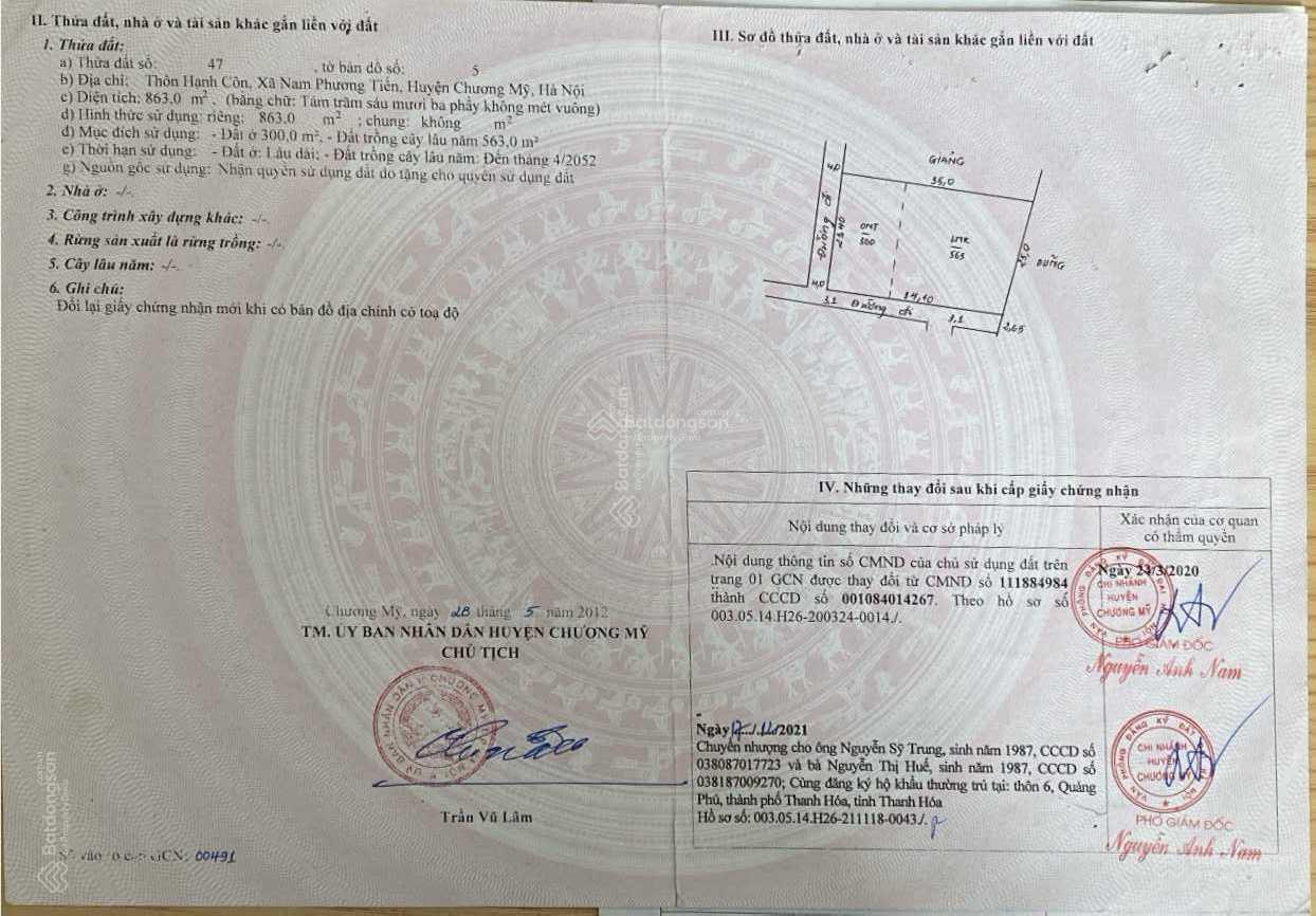 Bác em cần tiền bán gấp 863m2 300m2 thổ cư lô góc 2 mặt thoáng tại thôn Hạnh Côn Xã Nam Phương Tiến