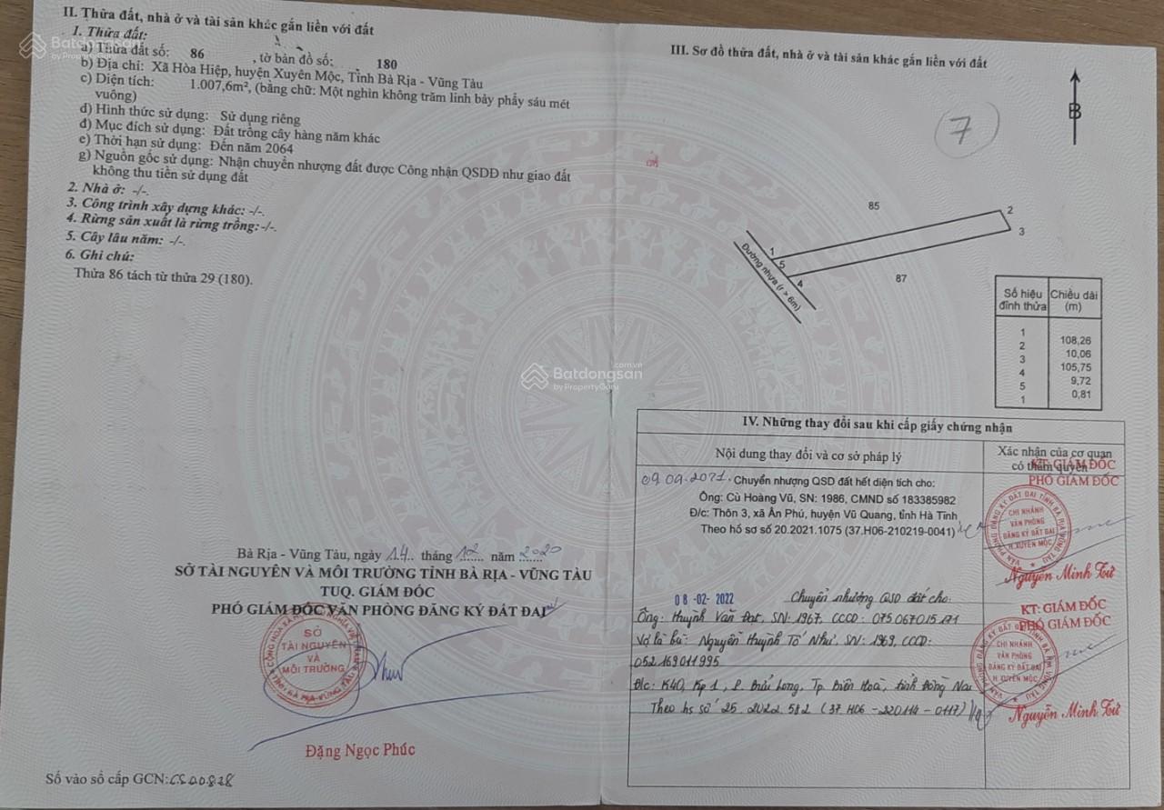 Cần bán 2 lô đất sổ hồng riêng tại xã Hòa Hiệp, Xuyên Mộc, Bà Rịa - Vũng Tàu. 750tr/lô thương lượng