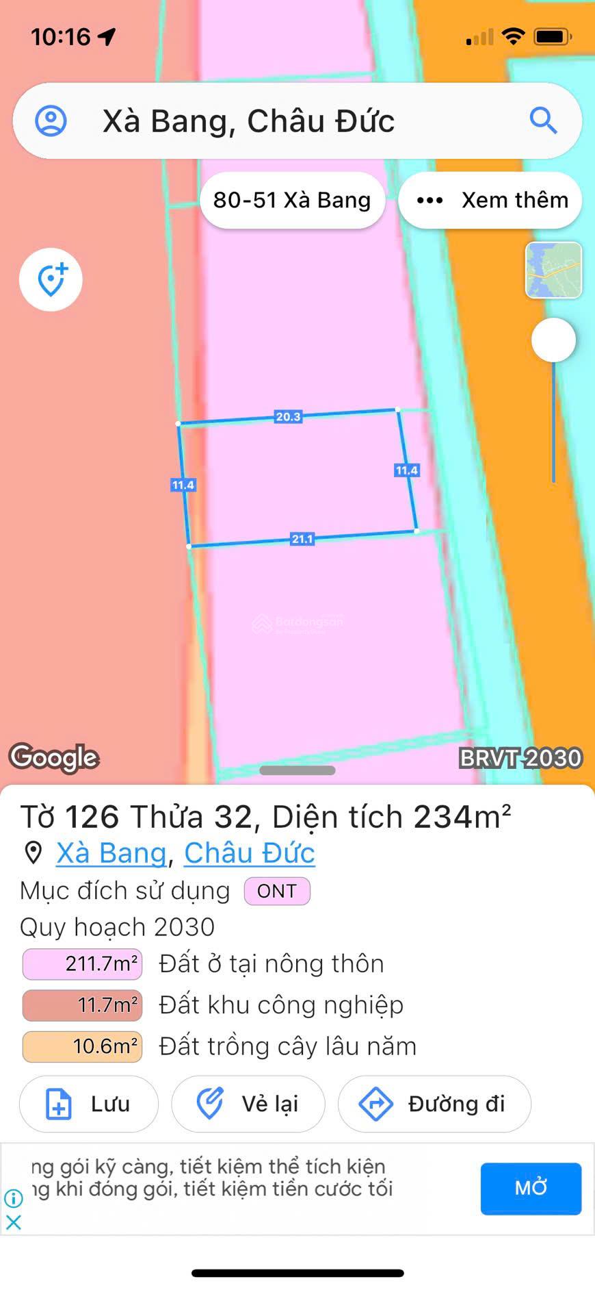 B223 Bán nền 100% thổ cư, ngay cổng khu DL Binon ca cao, tai xã Xà Bang, Châu Đức, BRVT