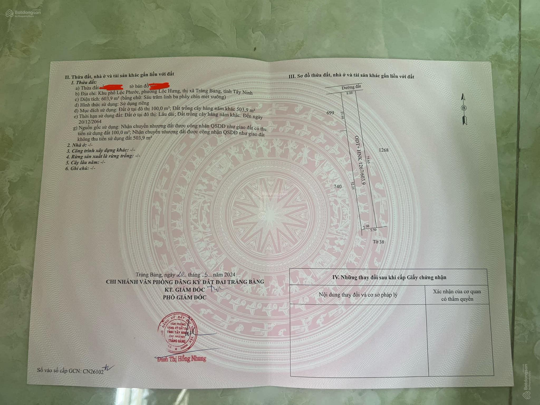 Bán nhanh trước tết lô đất Lộc Phước Lộc Hưng Trảng Bàng ngang 8m dài 75m, TC 100m2 giá 565 triệu