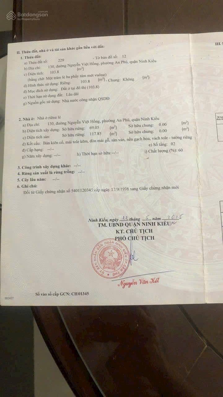 Bán nhà cấp 4 ngang 5,3 mét mặt tiền Nguyễn Việt Hồng, đang cho thuê, P. An Phú, Q Ninh Kiều, TPCT