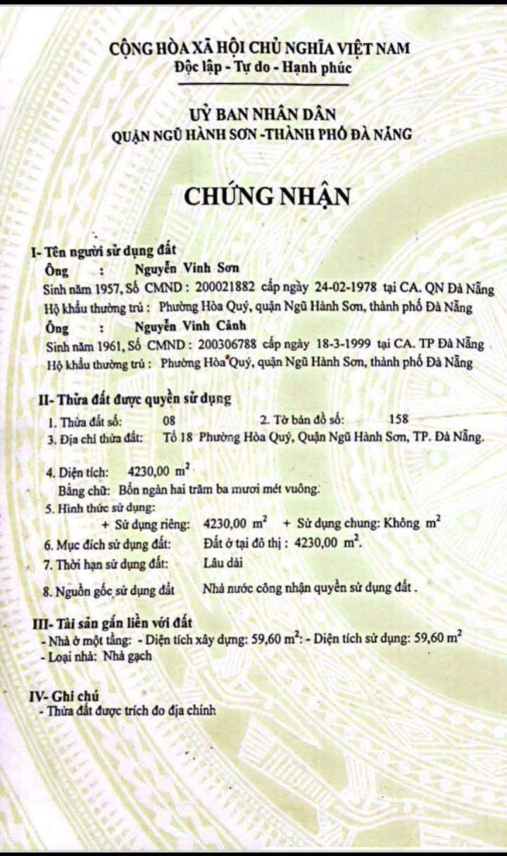 Chuyển nhượng lô đất 4 mặt tiền, đường Nam Kỳ Khởi Nghĩa, Ngũ Hành Sơn, Đà Nẵng, 4200m2