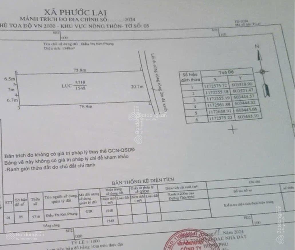 Bán lô đất nông nghiệp xã Phước Lại mặt tiền đường xe hơi DT 1.545m2. Giá 2tỷ 0909 076 ***