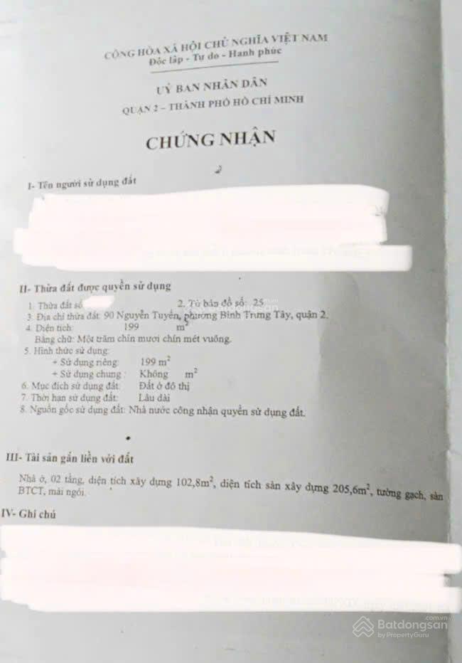 Bán đất mặt tiền đường Nguyễn Tuyển P. Bình Trưng Tây Quận 2, 199m2 full thổ cư