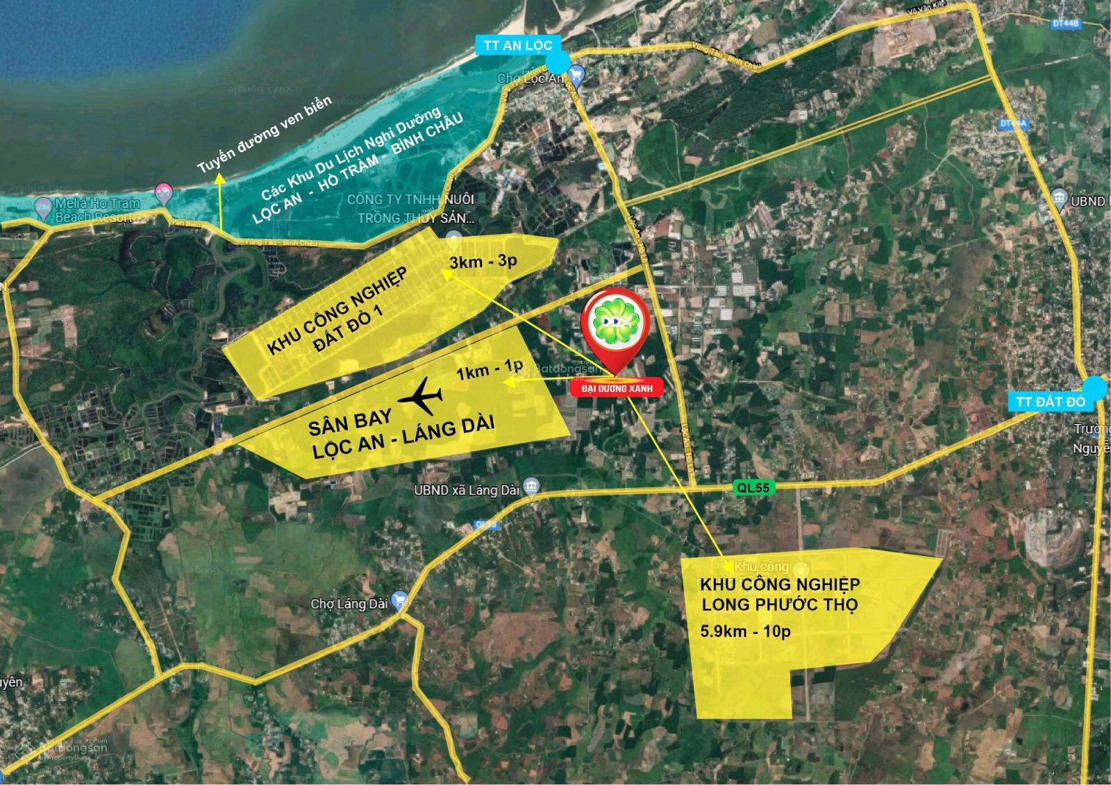 Bán lỗ 580.7m2 thổ cư 100m2. Mặt tiền đường nhựa 8m. Đối diện sân bay Hồ Tràm, cách biển Lộc An 3km