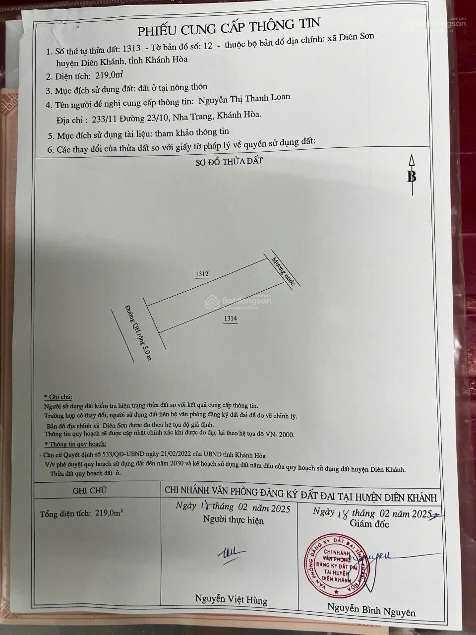 Bán lô đất Diên Sơn, Diên Khánh, đường Gò Đại, đường 8m, DT 219m2 full thổ