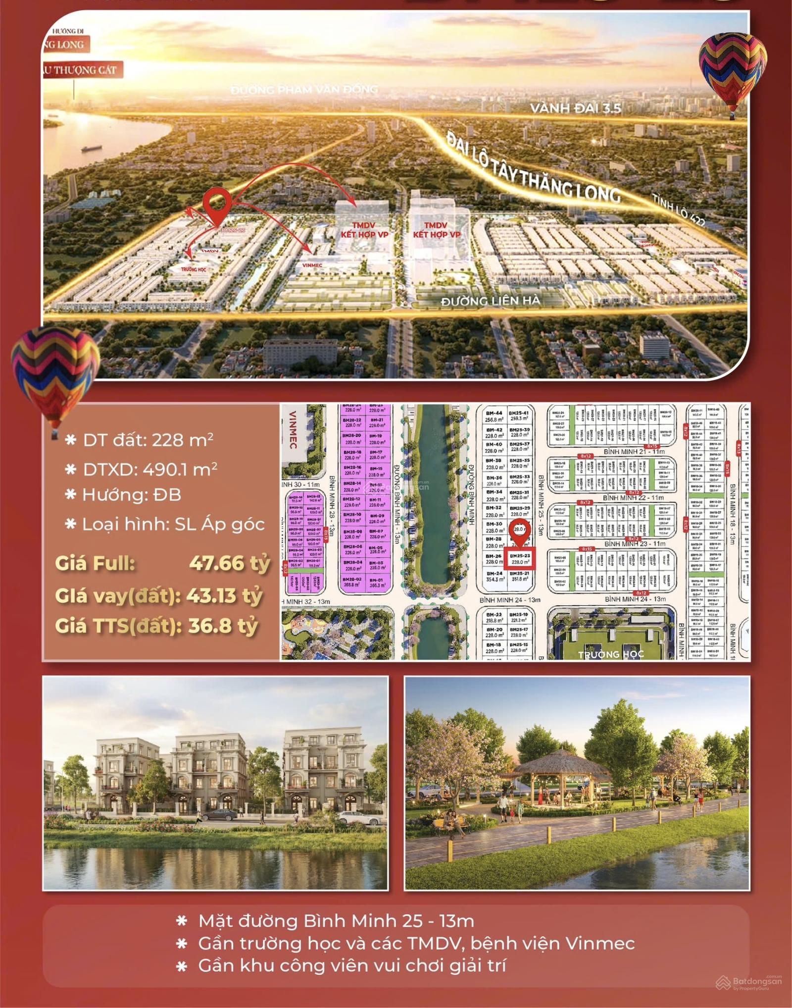 Bán gấp song lập Bình Minh giá chỉ 161tr/m2 áp góc, gần công viên. Rẻ nhất Vinhomes Đan Phượng.