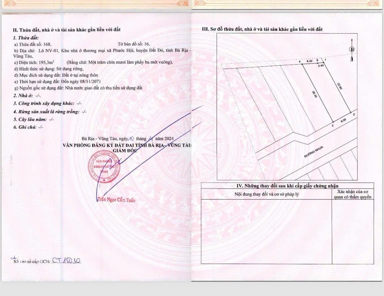 Thanh lý gấp lô đất 195m2 ngang 8m duy nhất ngay chợ Lộc An, Phước Hội, BRVT