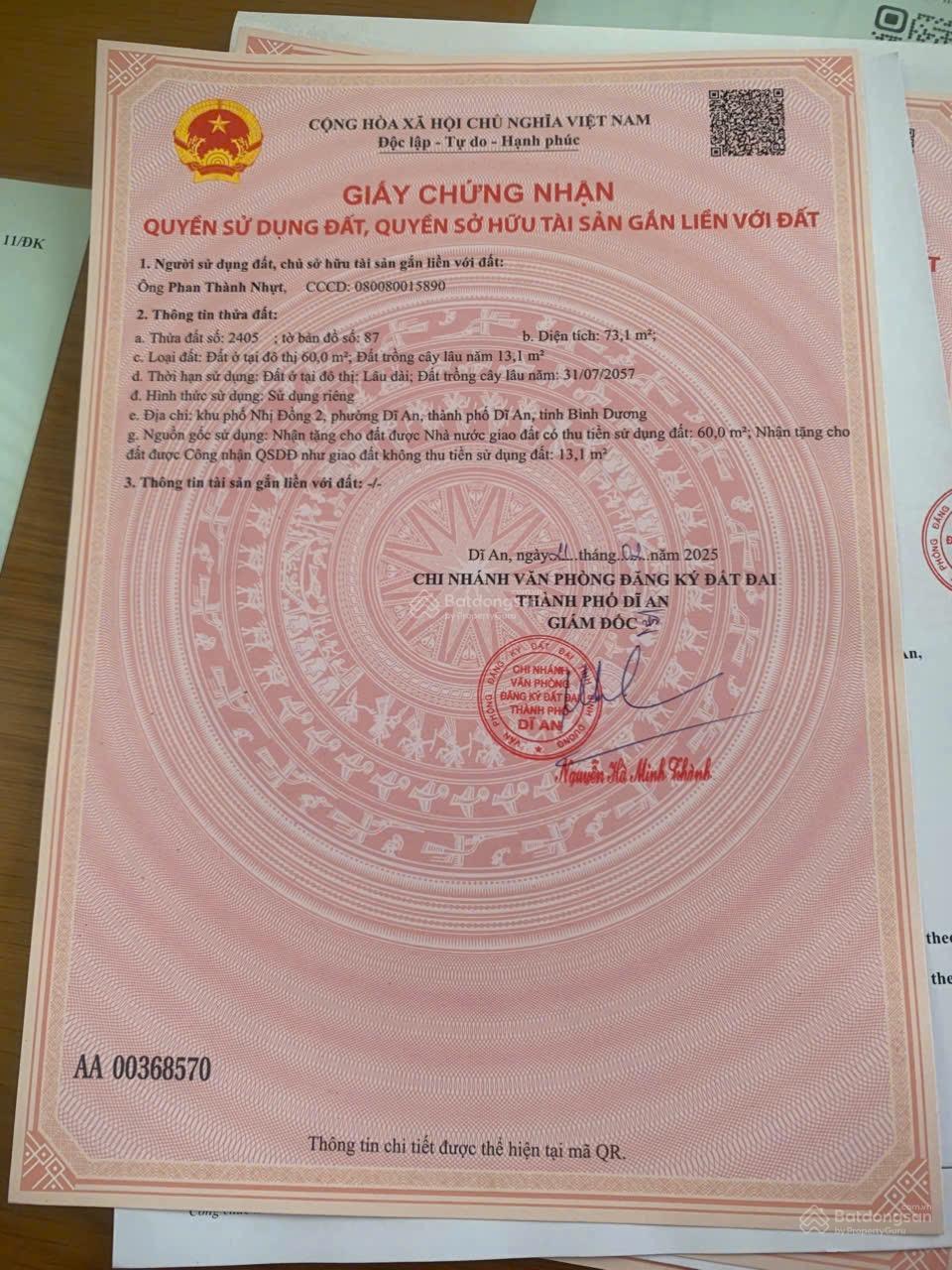 Bán lô đất hẻm Nguyễn Tri Phương , giáp Trung tâm hành chính dĩ an ,dt 75 m ngang 5 m,phường dĩ an