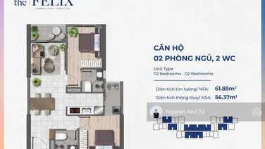 Bán căn hộ 2PN 62m2 dự án The Felix trung tâm TP Thuận An full nội thất 2,3 tỷ/căn
