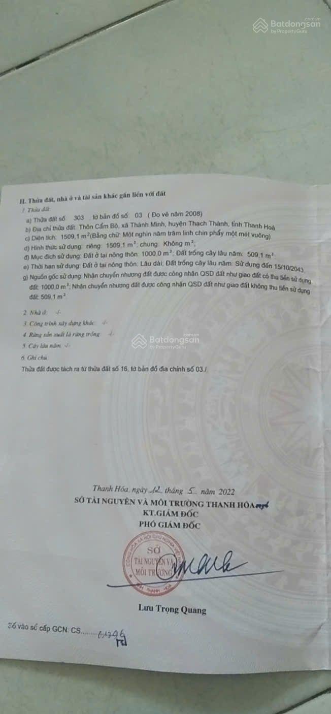 Đất 1509m2 thổ cư xóm Cẩm Bộ, Thành Minh, Thạch Thành, Thanh Hóa