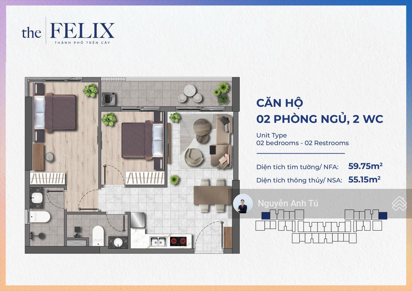 Bán căn hộ 2PN 60m2 dự án The Felix trung tâm TP Thuận An, căn góc, full nội thất từ 2,2 tỷ/căn