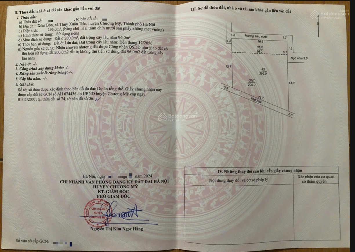 2.7 tỷ sở hữu ngay lô đất 296m2 (200m2 thổ cư) tại Thủy Xuân Tiên, Chương Mỹ, Hà Nội