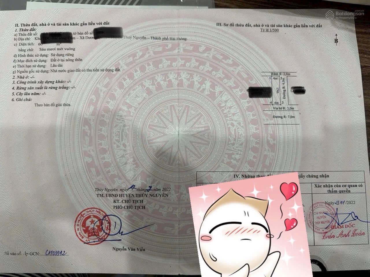 Bán đất nền dự án Bắc Sông Cấm, lô xẻ khe 3,35 tỷ, 60m2 tại Dương Quan, Thủy Nguyên, Hải Phòng