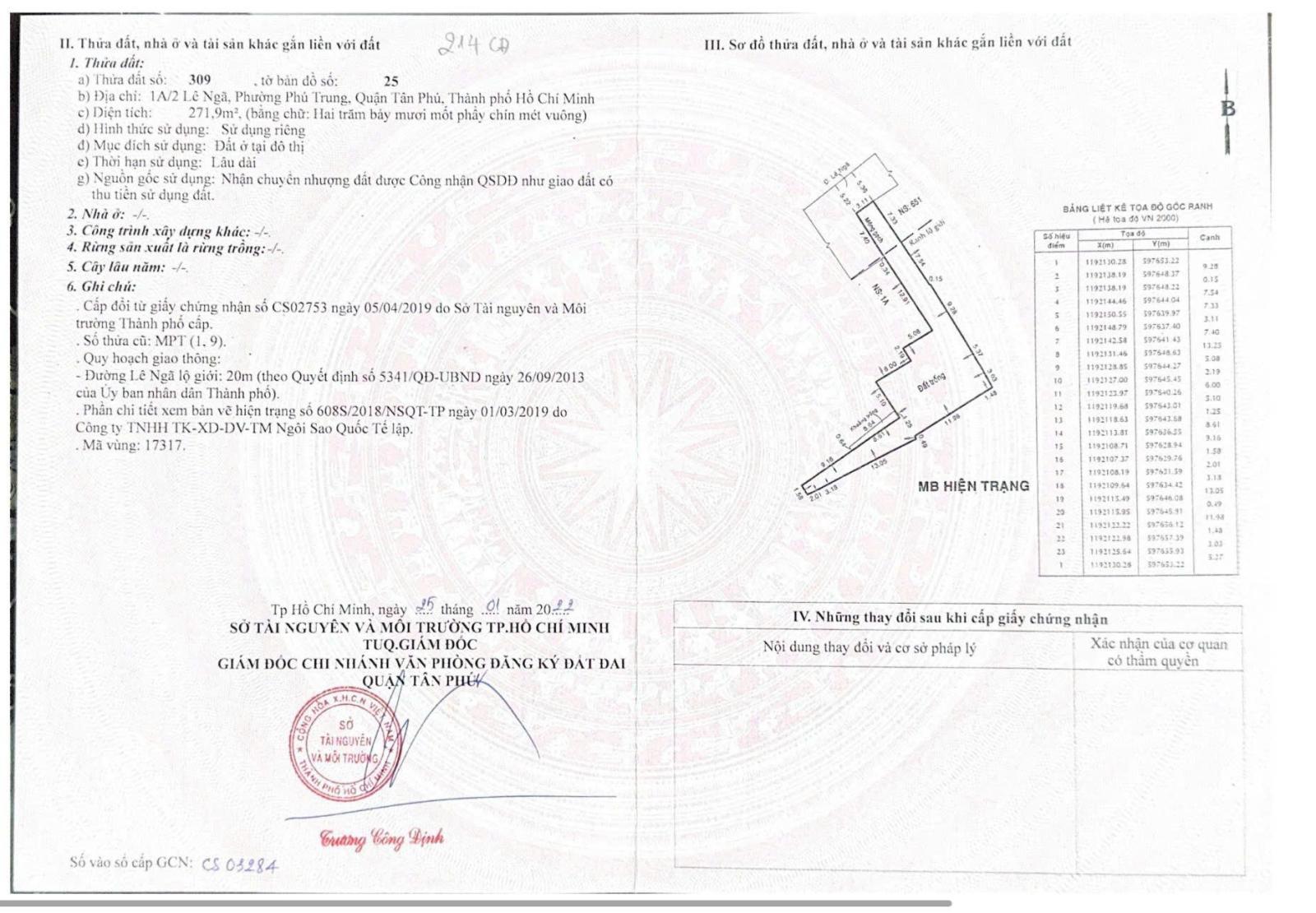 Bán đất trống tại Lê Ngã, 19 tỷ, 271.9 m2, Tân Phú, HCM