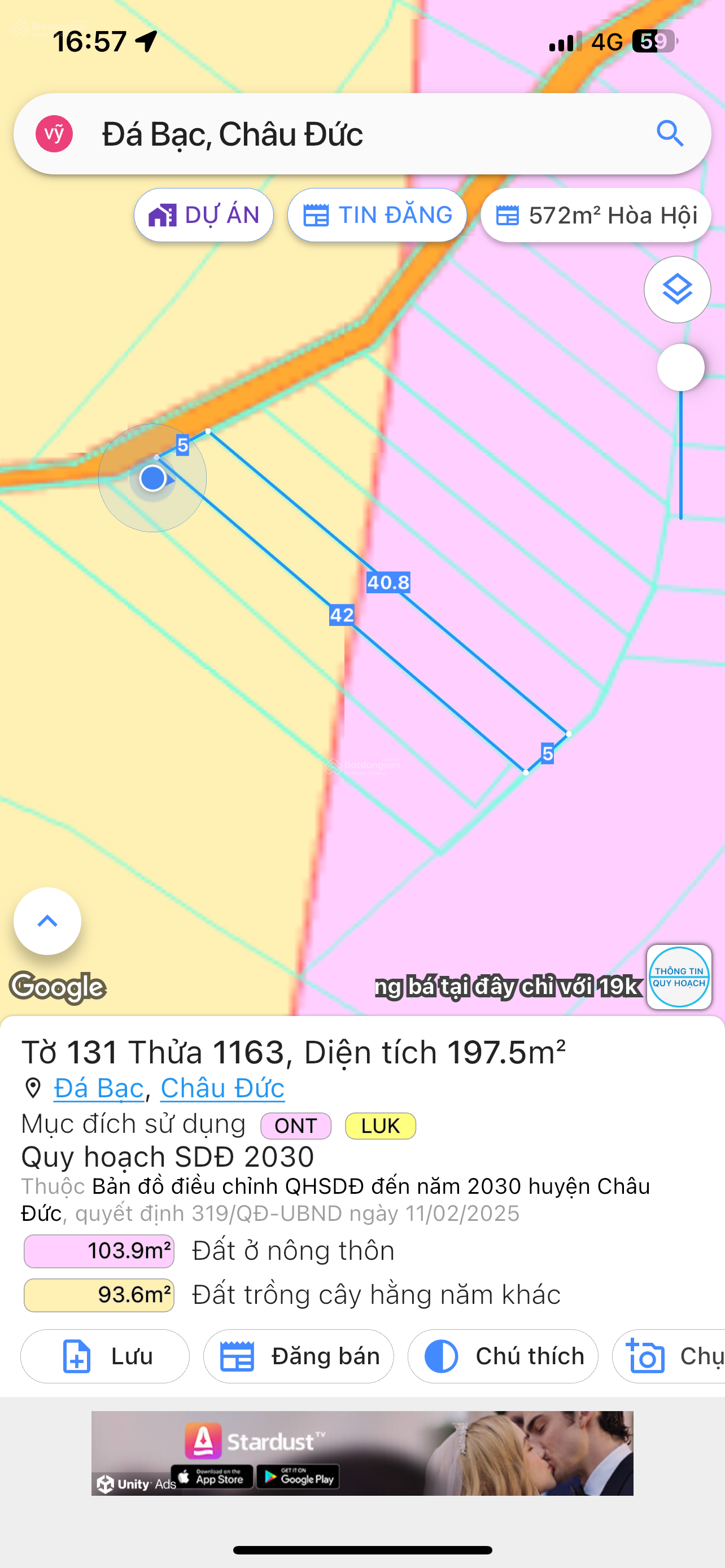 Bán đất tại xã Đá Bạc, Châu Đức, Bà Rịa Vũng Tàu, giá cực chất 560 triệu, 191m2 có 80m2 thổ cư