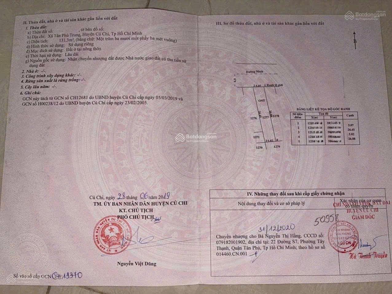 Chủ ngộp bán gấp đất MT Đ. Nguyễn Thị Lắng, xã Tân Phú Trung. DT 131.3m2, sổ hồng riêng, giá 1 tỷ 8