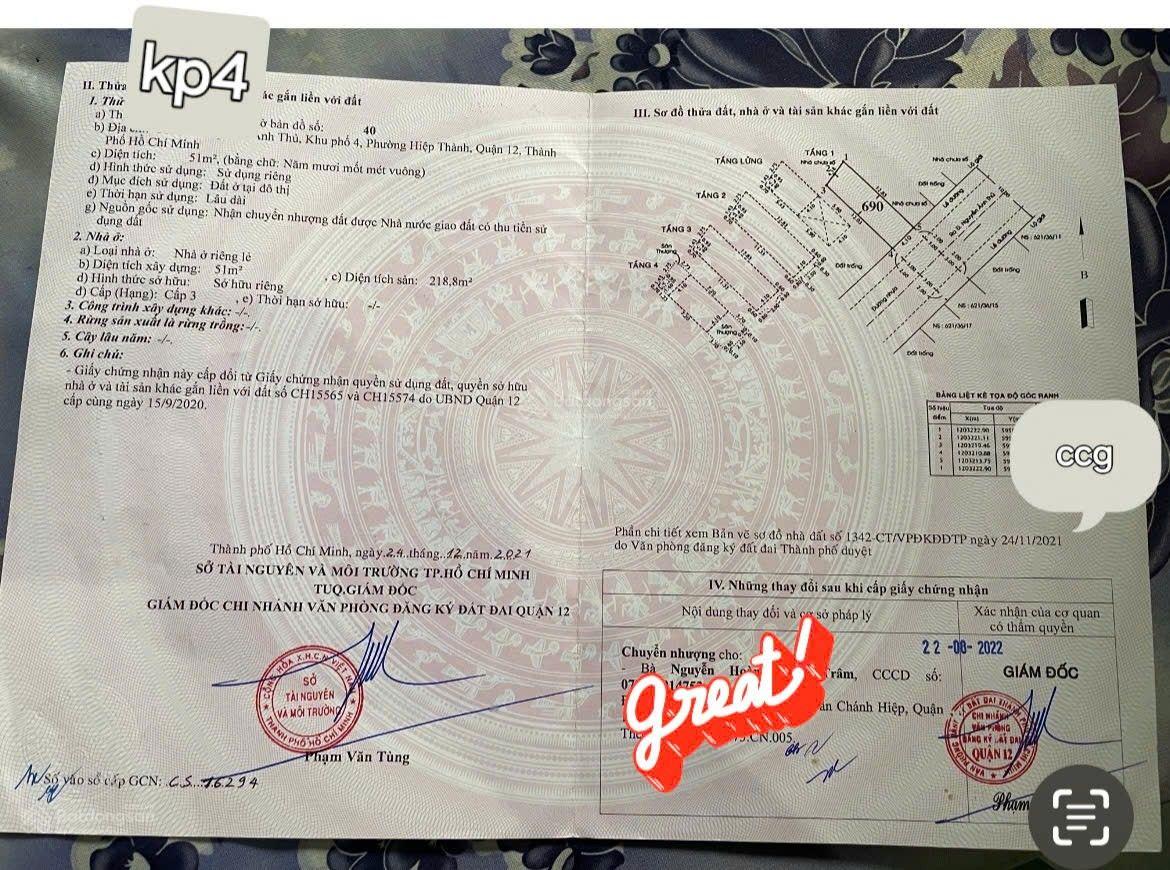 CHÍNH CHỦ BÁN NHÀ ĐẸP HIỆP THÀNH, QUẬN 12 Vị trí: Phường Hiệp Thành, Quận 12, TP.HCM