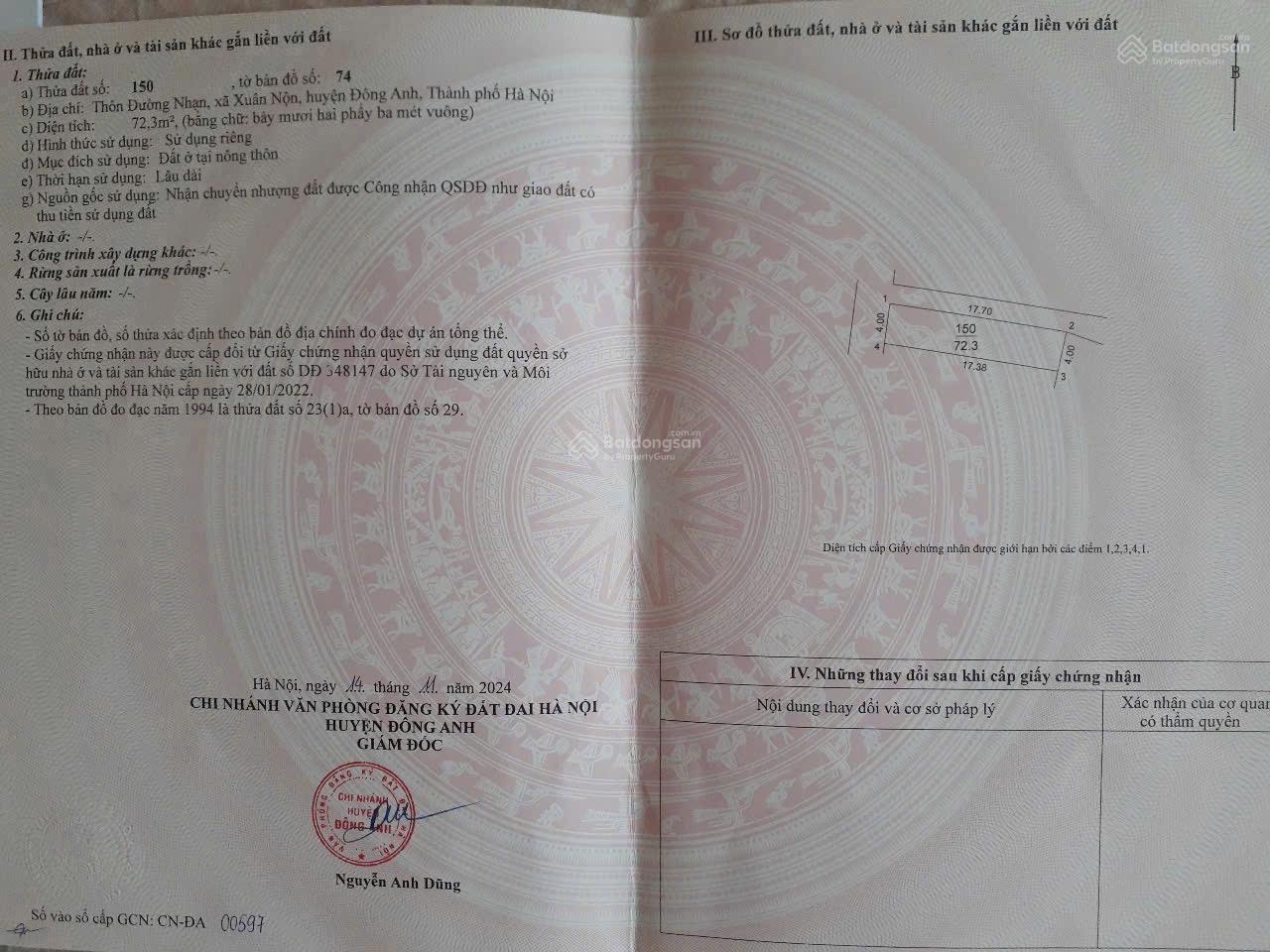 Bán mảnh đất Đẹp , ở Thôn Đường Nhạn , Xã Xuân Nộn, Huyện Đông Anh, TP Hà Nội.
Diện tích : 72,3 m2