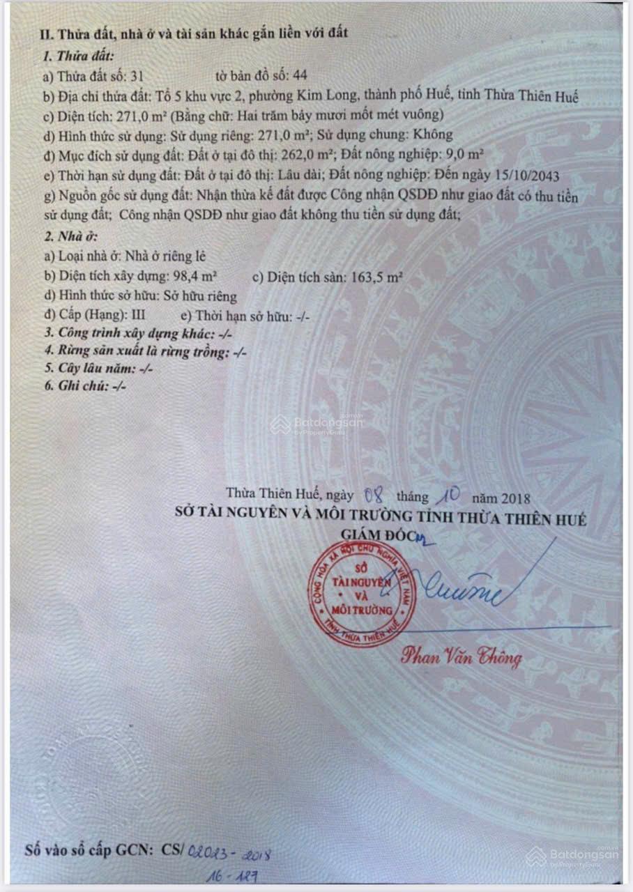 Chính chủ cần tiền bán gấp nhà riêng tại Kim Long,Huế,Thừa Thiên Huế là Với diện tích 271 m2,6ty400