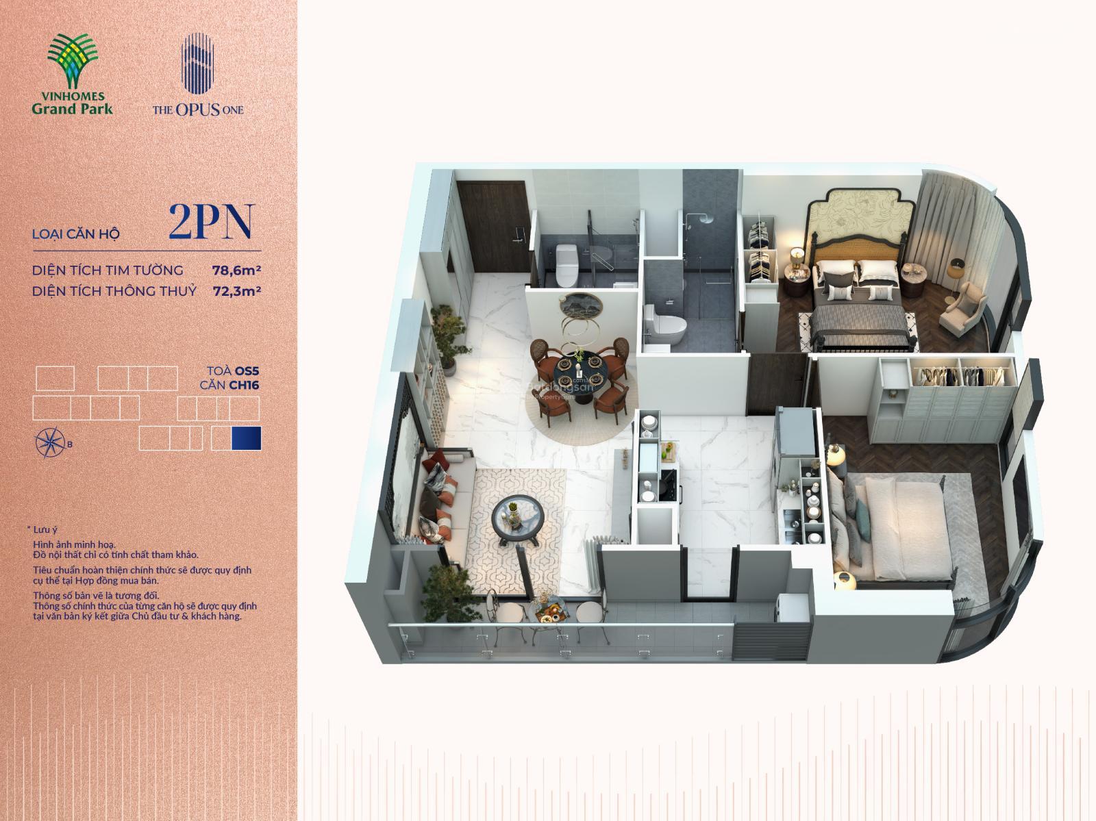 Siêu phẩm 2 PN - 80m2 The Opus One, Vinhomes Grand Park, View ĐN, Tặng NT 280 tr, CK 10.5%, xe VF3