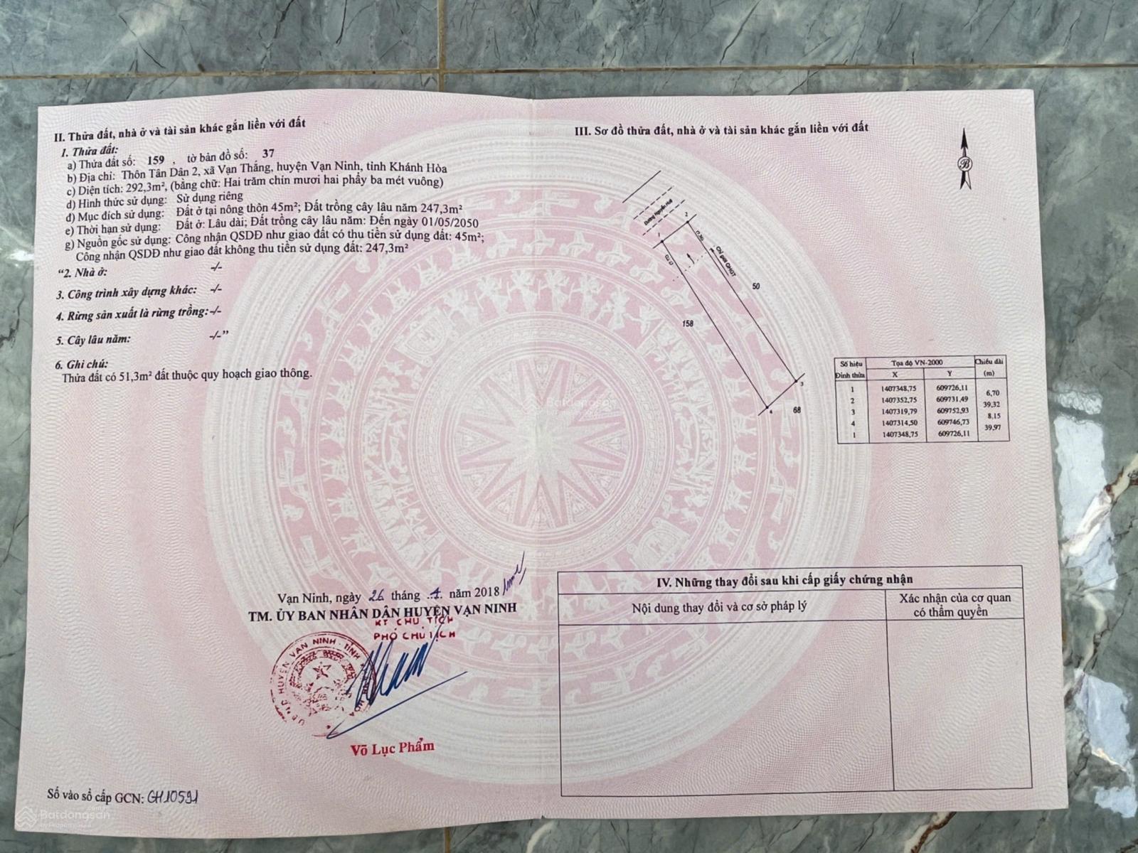 Đất đẹp ! đường chính Nguyễn Huệ , cạnh biển, xã Vạn Thắng - Khánh Hòa, Khu KT Bắc Vân Phong.