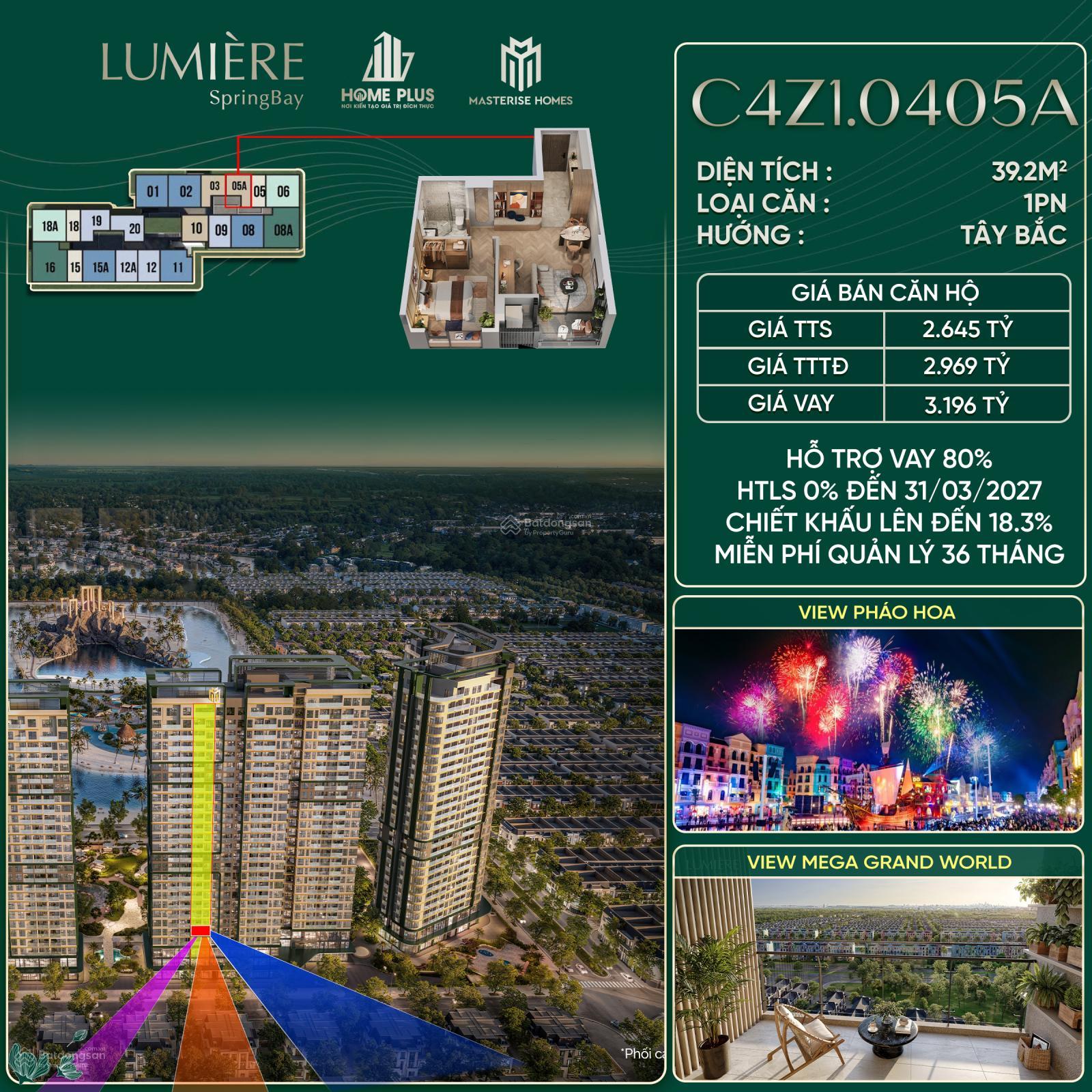 Bán căn hộ 1PN hot nhất, giá tốt nhất Lumiere Spring Bay - CK cao - view phố ý và ngắm pháo hoa