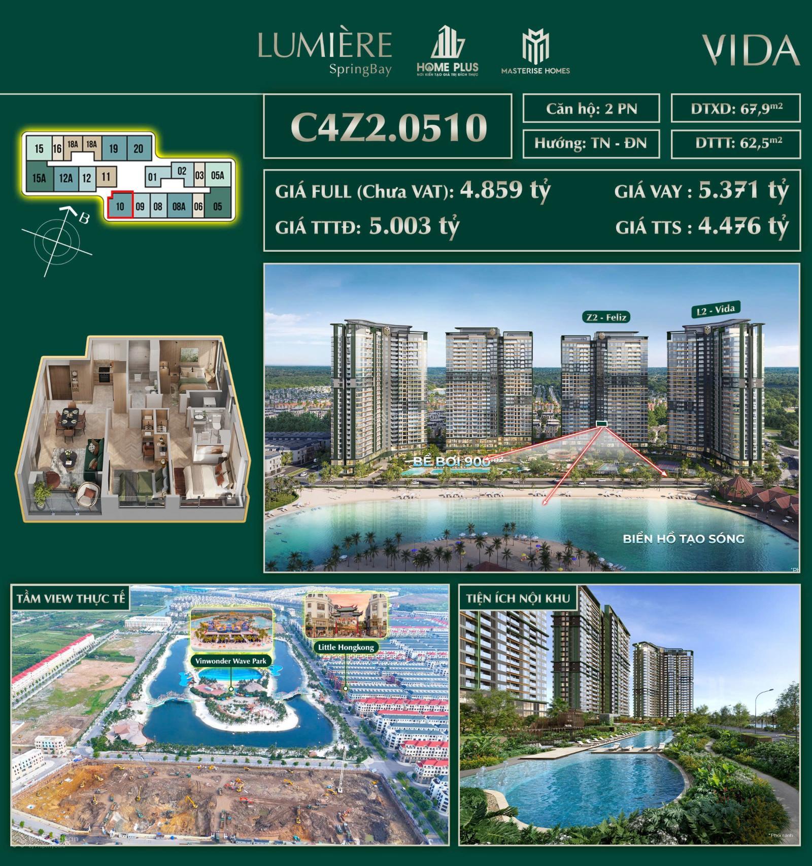 Hot căn góc 2PN - CK 18,3% - Hướng ĐN thoáng mát - View bể bơi nội khu, hồ tạo sóng, Litle HongKong