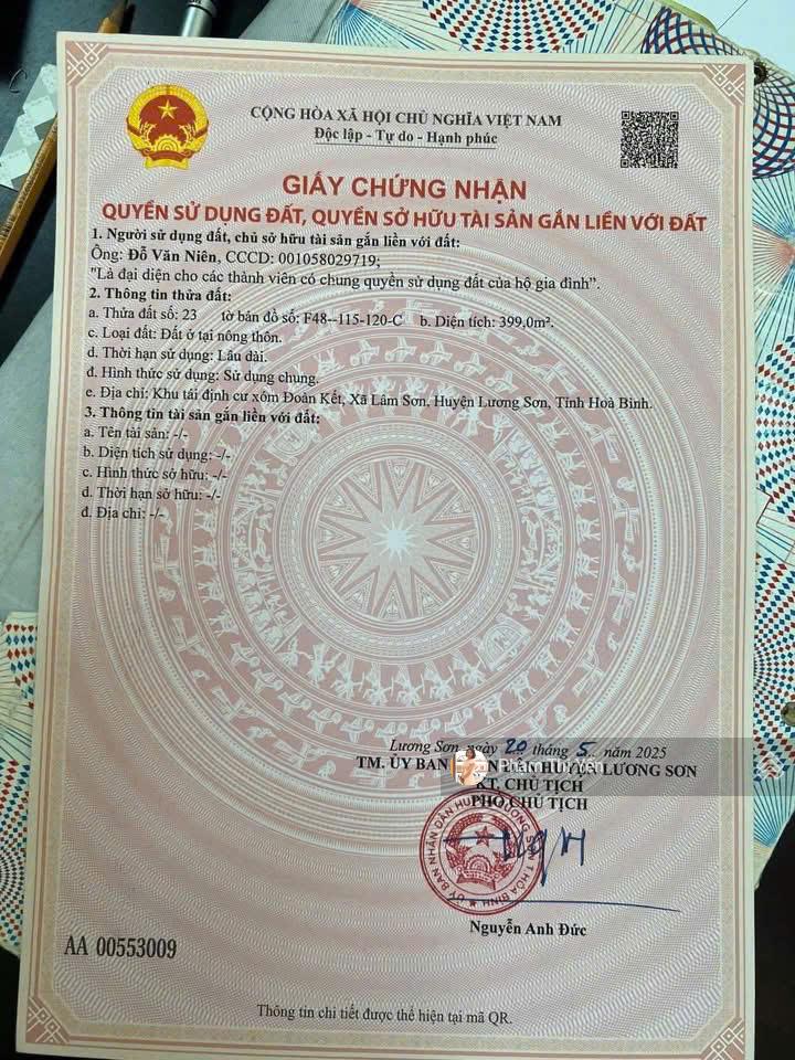 Chính chủ gửi bán lô đất full thổ cư tại Lâm Sơn, Lương Sơn diện tích 399m2 gần QL6 Chính chủ gửi bán lô đất full thổ cư tại Lâm Sơn, Lương Sơn diện tích 399m2 gần QL6