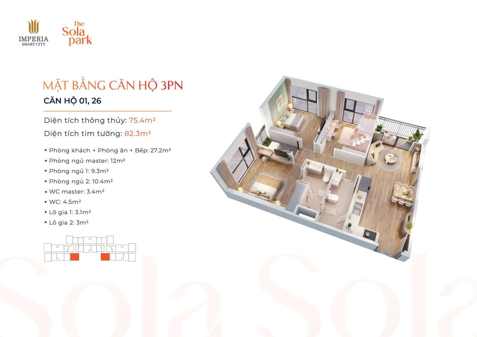 Bán gấp 3PN, 2WC 75m2 G3 không View các cụ giá 5,26 bao phí (trả tiến độ) tại Imperia Sola Park