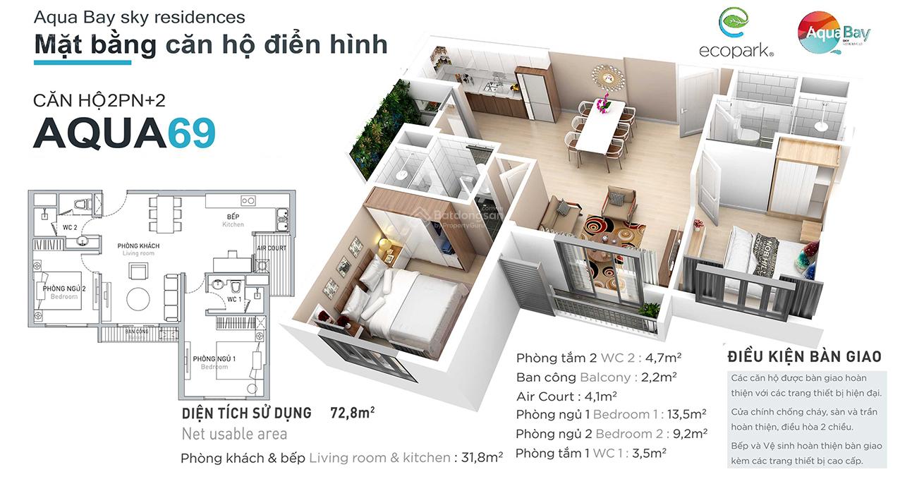 Bán 2 phòng ngủ 2 vệ sinh, toà Lake 1, view golf - Chung cư Aquabay, KĐT Ecopark