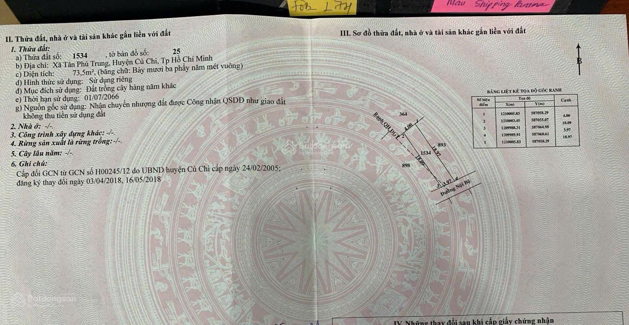 Chủ gửi đất ngộp đường Trần Thị Cẩm, xã Tân Phú Trung. DT 73m2, sổ hồng riêng, giá 1 tỷ tròn vo
