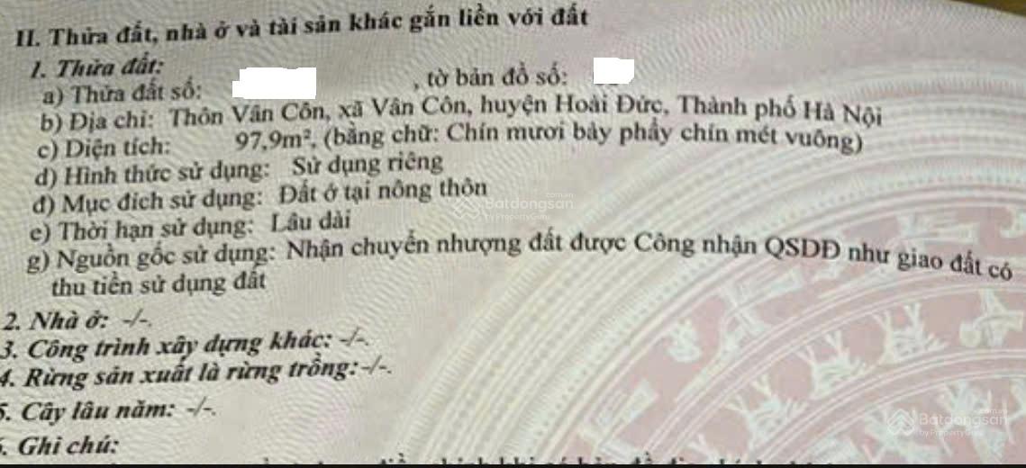 Bán đất thổ cư thôn Vân Côn, gần Quyết Tiến, Hoài Đức, ĐL Thăng Long, ngõ ô tô. 97,9m2. Giá: 5,3 tỷ