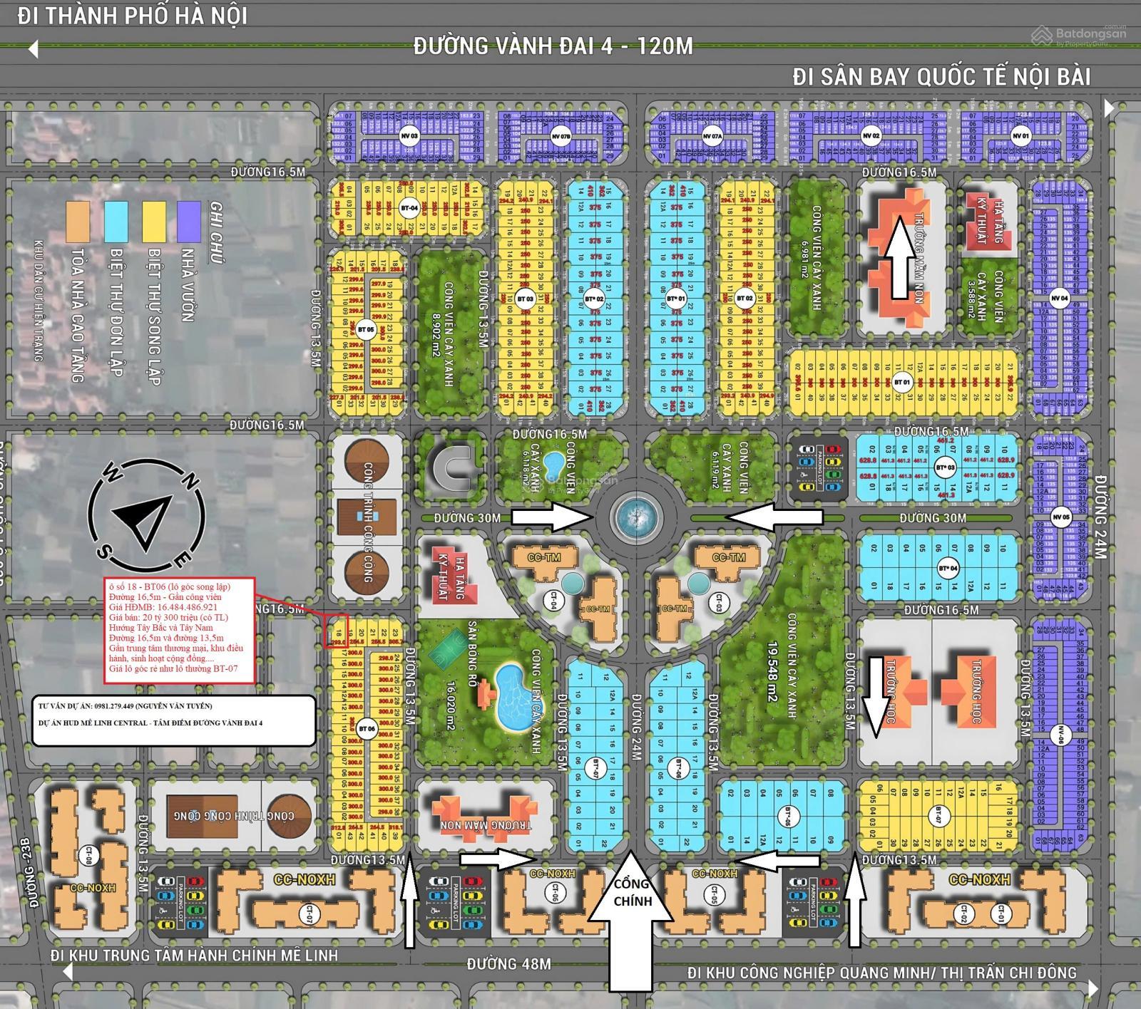 Bán nền biệt thự đơn lập lô góc 523,3m2 khu đô thị HUD Mê Linh Central 19 tỷ đóng 60% HĐMB
