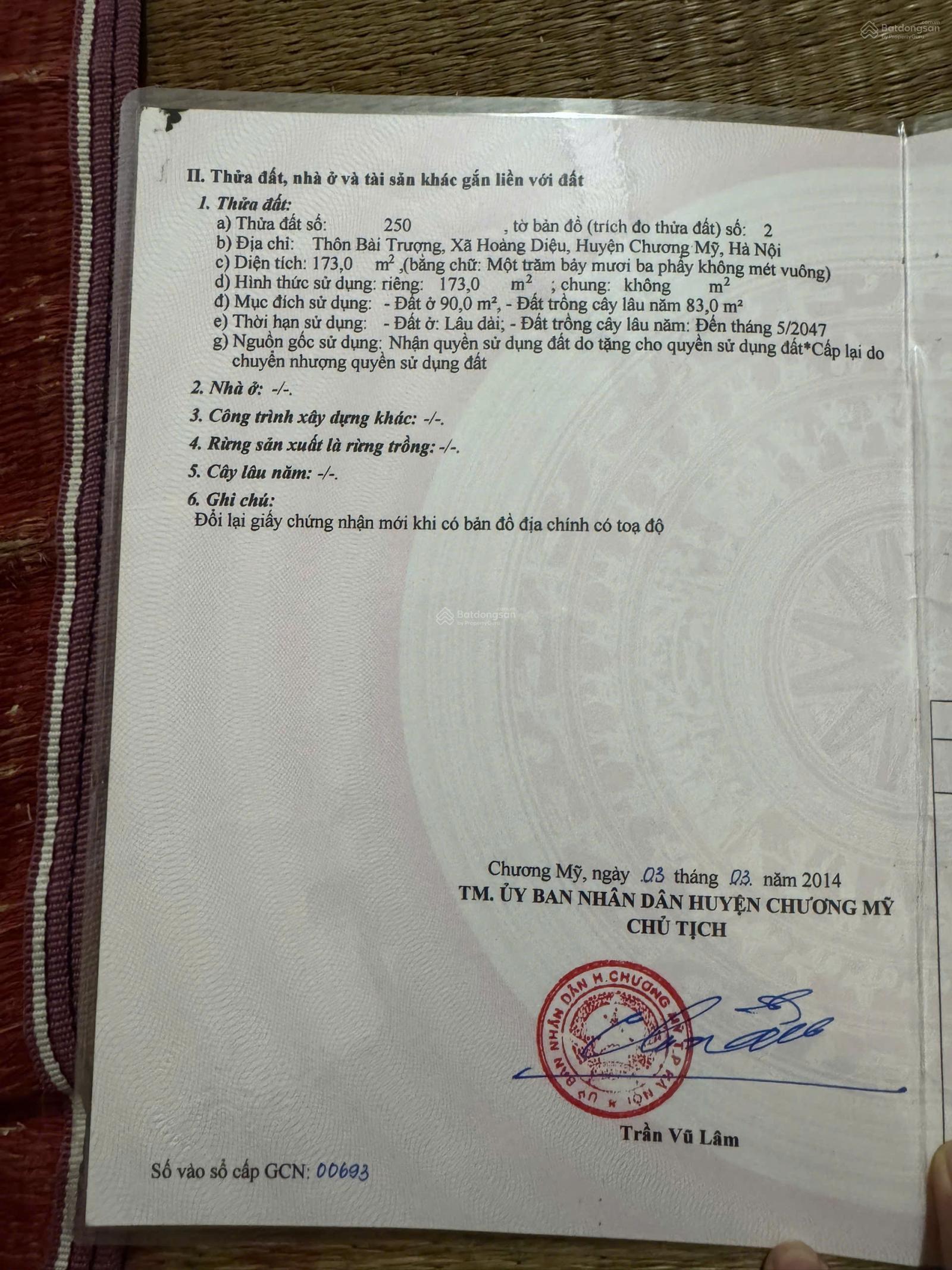 Bán đất tại Đường Liên Xã, Xã Hoàng Diệu, Chương Mỹ, Hà Nội, 30 triệu / m2, 173 m2 giá tốt