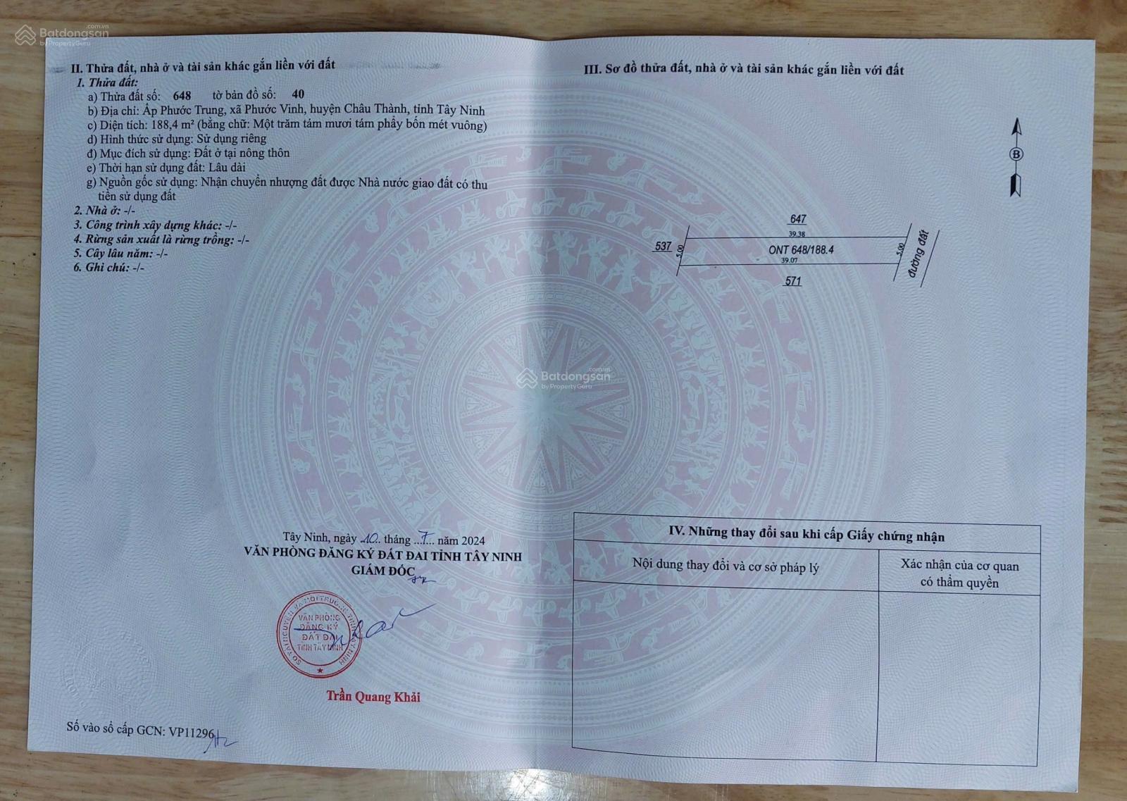 Chính chủ cần bán đất thổ - Đc, xã phước vinh, Châu Thành, Tây Ninh. Giá 185 triệu/1lô bao san