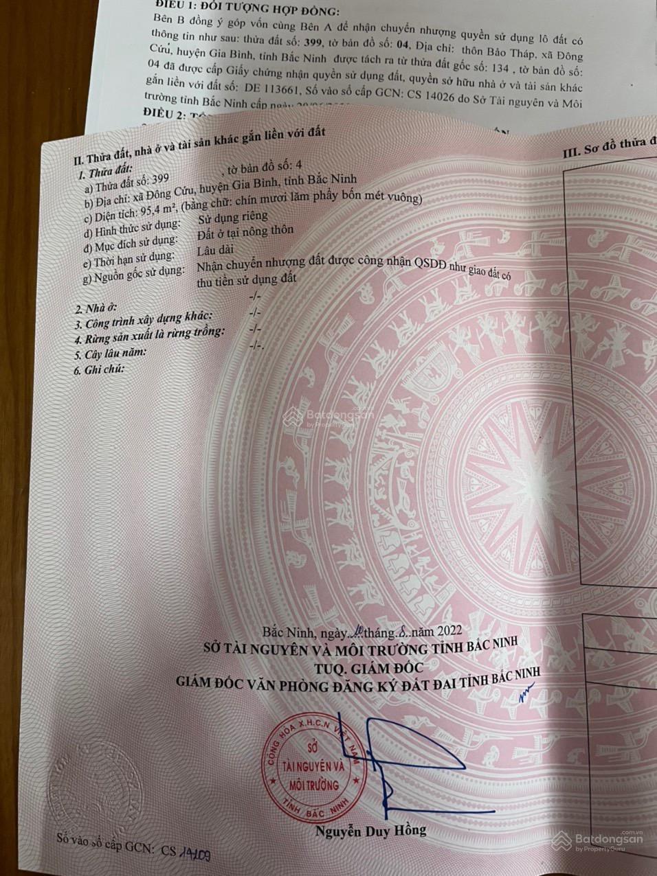 Bán đất thổ cư xã Đông Cứu Gia Bình 95.4m2, giá chỉ 1ty