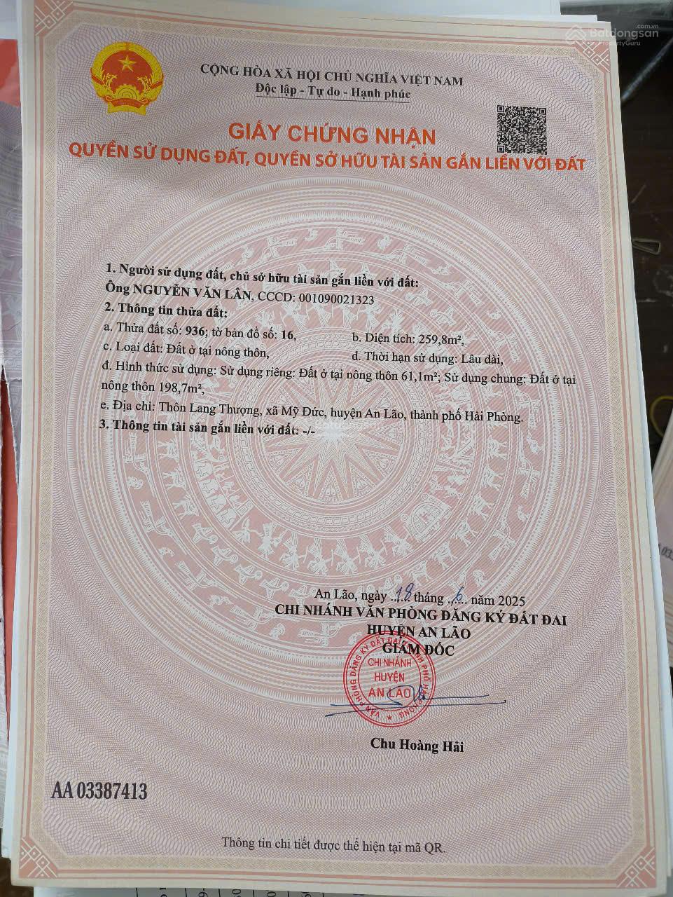 CHÍNH CHỦ CẦN BÁN LÔ ĐẤT TẠI MỸ ĐỨC AN LÃO CHỈ 525TR/LÔ