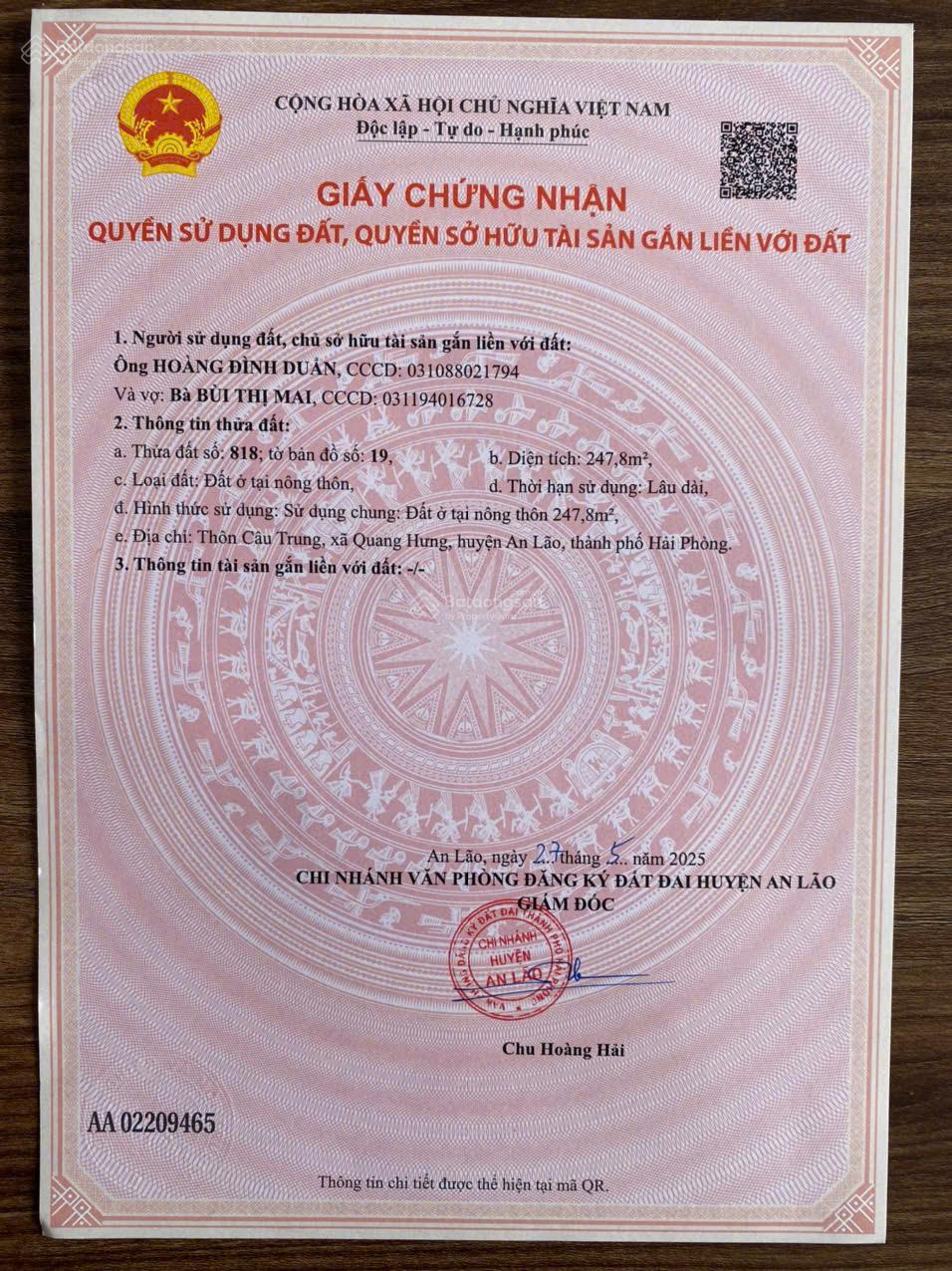 Bán đất tại Quang Hưng, An Lão, Hải Phòng,Lô Góc 66m2, chỉ với 695 triệu VND,Cần tiền bán rẻ,nhanh