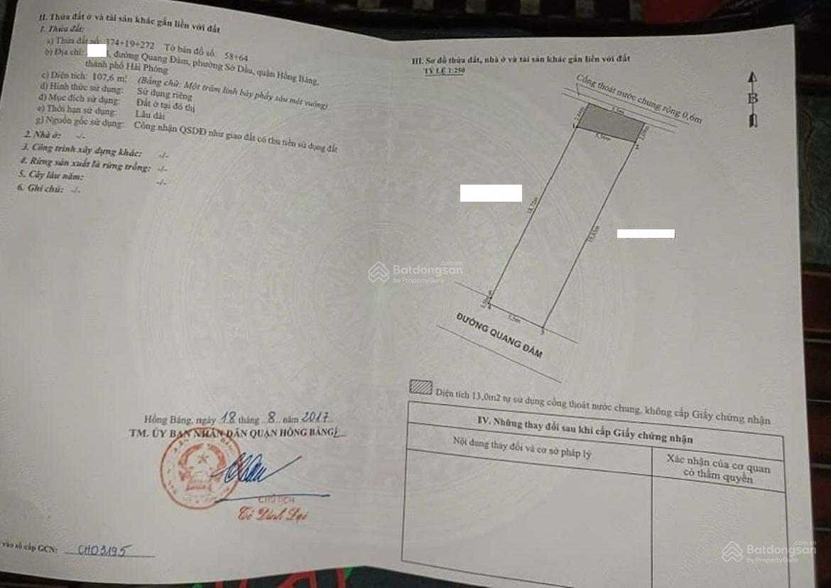 Bán lô đất 108m2 mặt tiền rộng trên mặt đường Quang Đàm, Hồng Bàng chỉ 39tr/m2