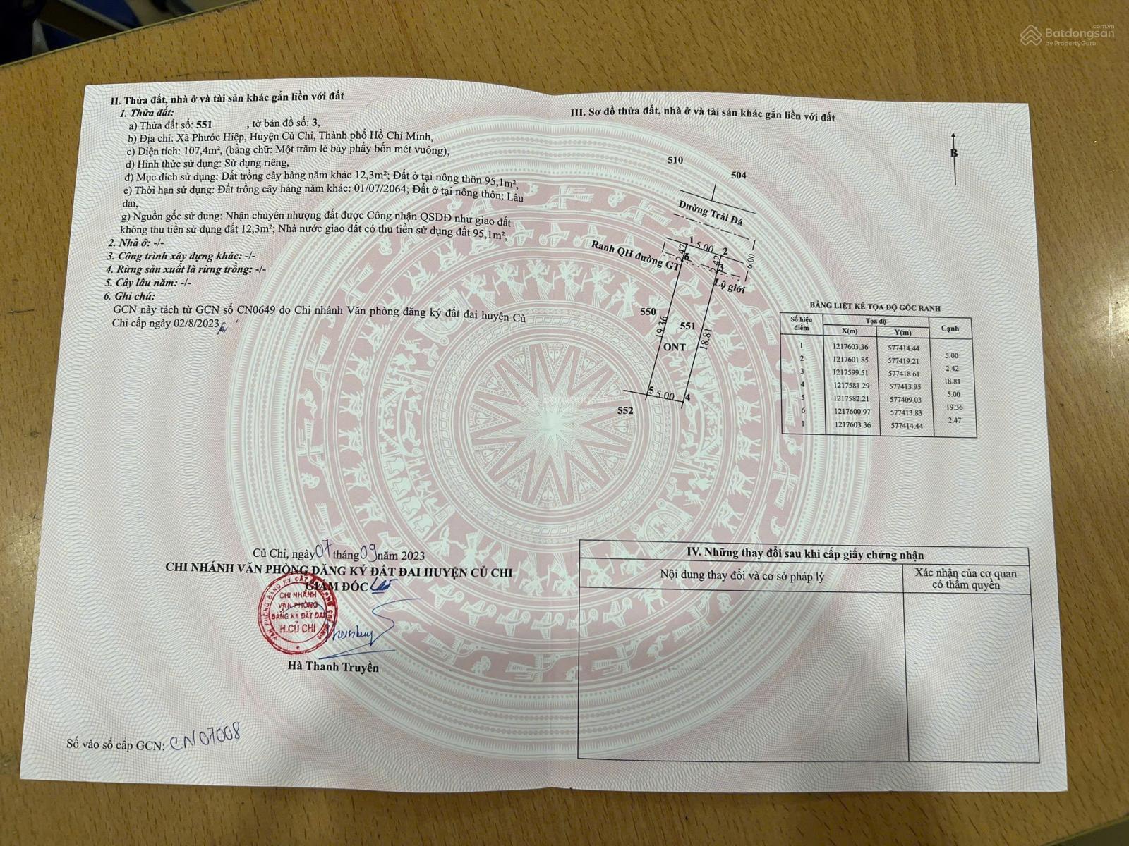 Chính chủ bán gấp lô đất 1 xẹc/ đường Ba Sa, Phước Hiệp 107m2 giá 560 triệu, sổ sẵn, xây tự do