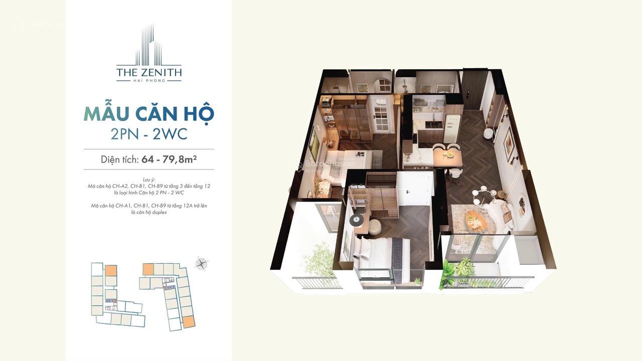 2tỷ9/ căn 80m2 với 2PN+1, chung cư cao cấp, mặt đường Bùi Viện, The Zenith, Kiến An, Hải Phòng