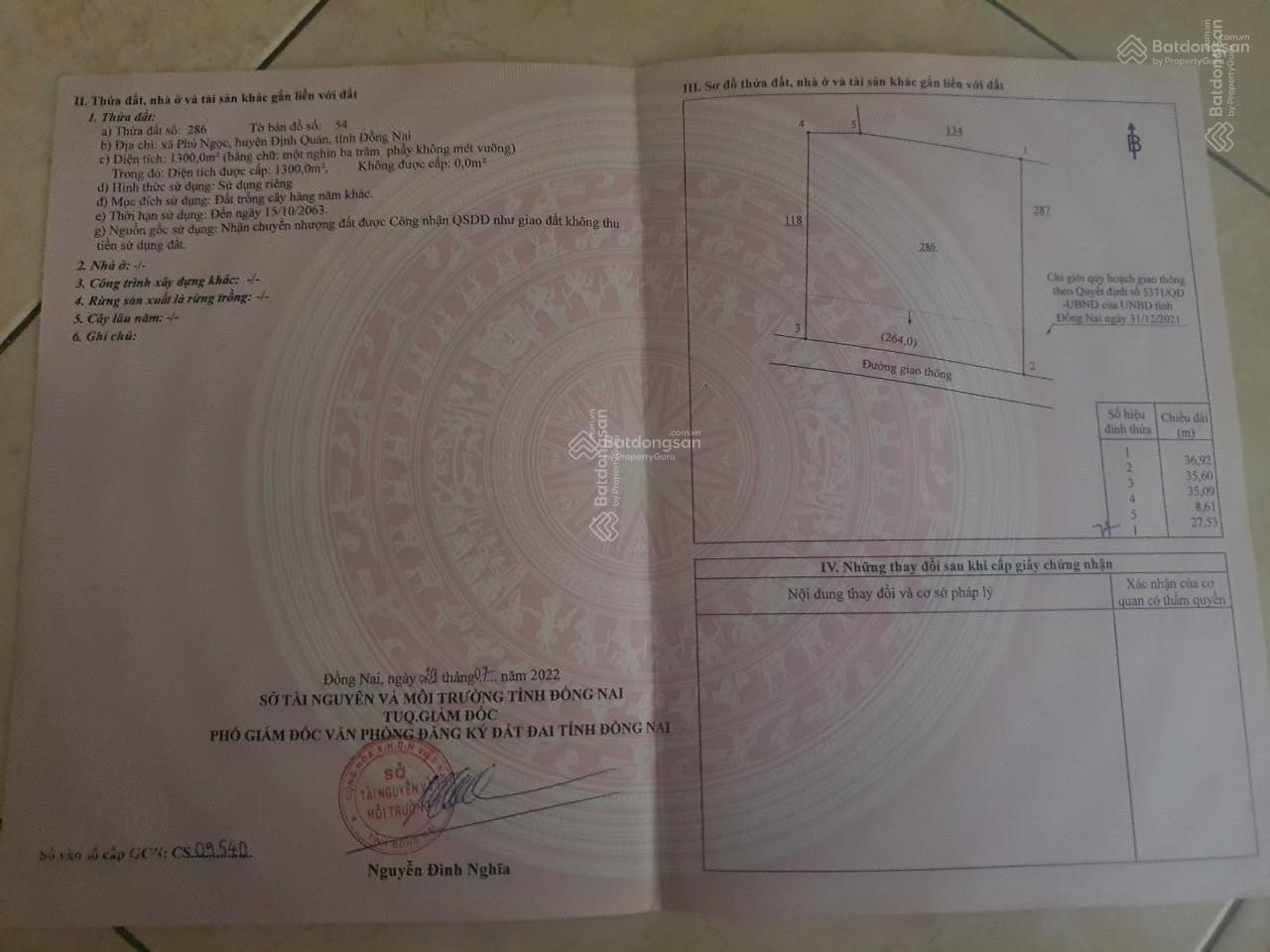 Bán đất tại Phú Ngọc, Định Quán, Đồng Nai, 950 triệu, 1300 m2 giá cực chất