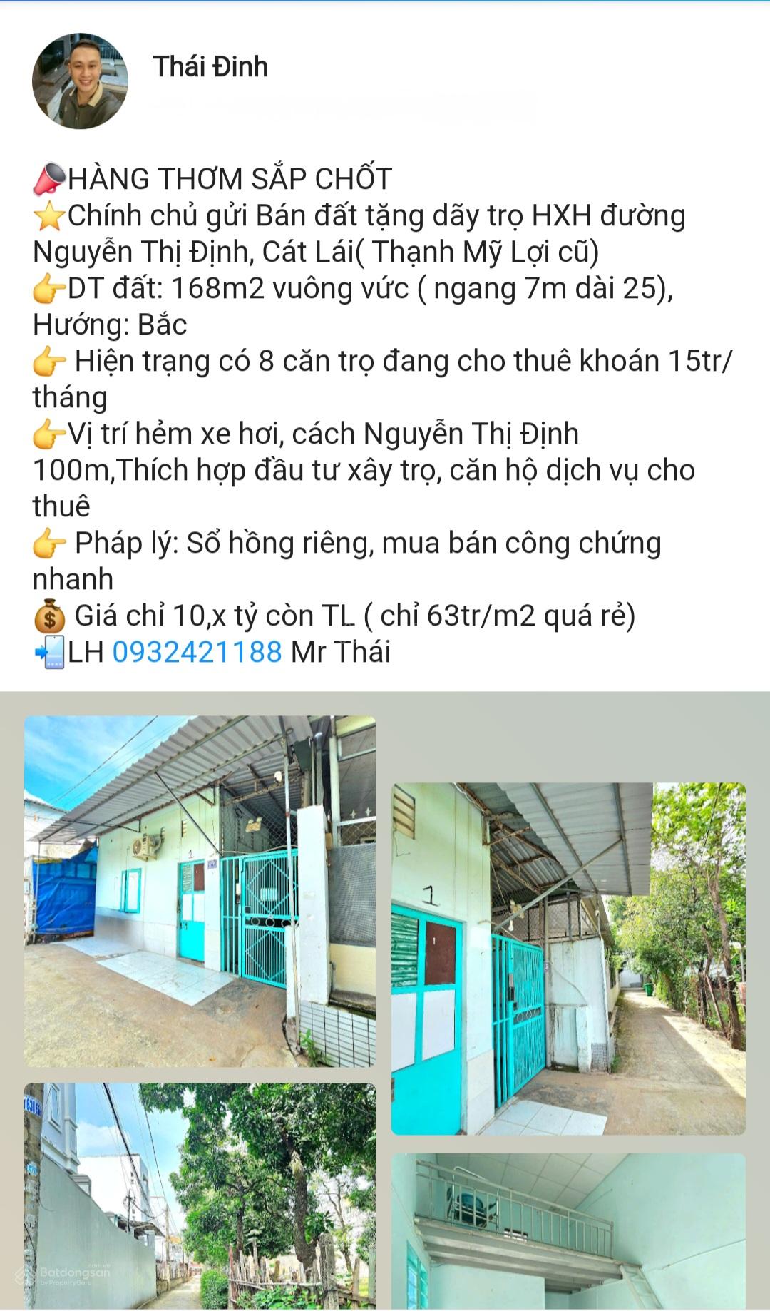 Bán dãy trọ 8 phòng Nguyễn Thị Đinh,Q.2,DT 168m2 ngang 8,Giá 10,5 tỷ TL,LH 0932 421 ***