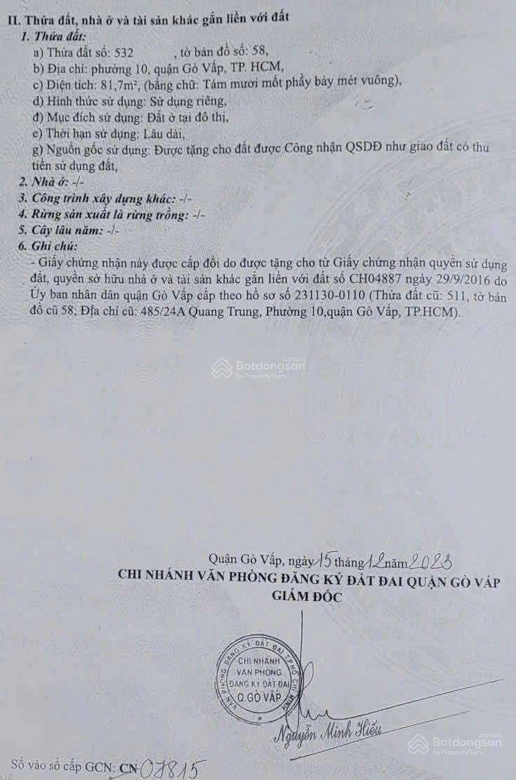 Bán đất vị trí vàng Quang Trung P10, Gò Vấp. dt 4x20.5m ko lộ giới. hẻm xh Giá 7ti2 TL. 0902 958 ***