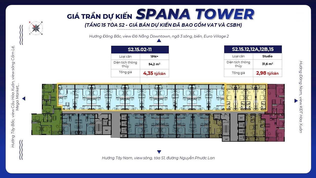 Spana Hoà Xuân, 2 căn 1BR + đẹp cuối cùng trước khi tất toán dự án và bán chênh 0352 788 ***