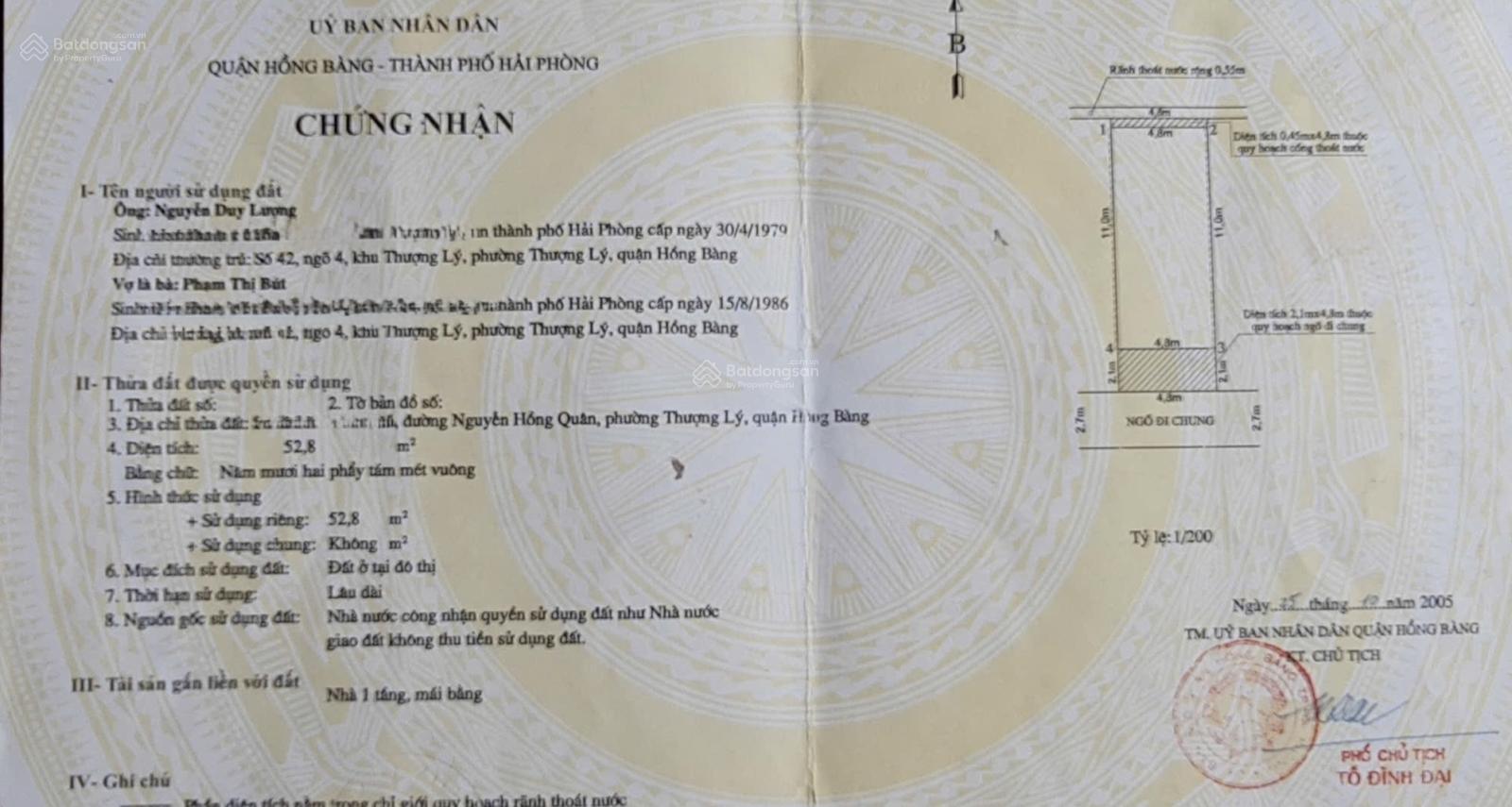 Bán 52.8m2 đất gần Chợ Hoà Bình, đường Nguyễn Hồng Quân, Thượng Lý, Hồng Bàng. Giá 4 tỷ